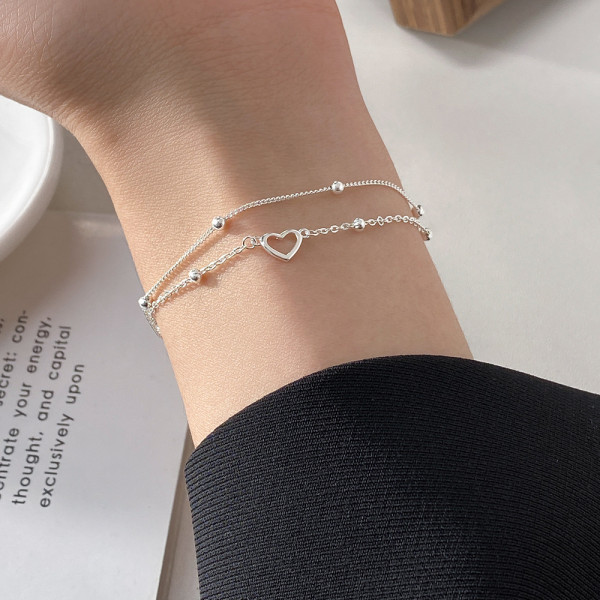 A43403 s925 silver doublelayer heart charm elegant sweet bracelet