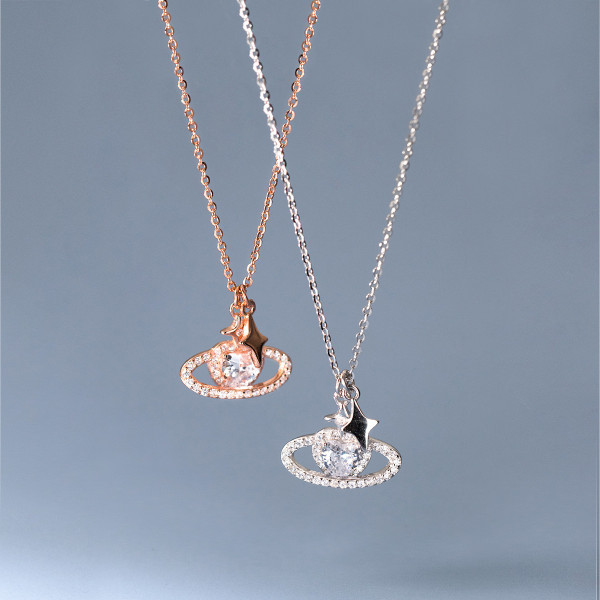 A42884 s925 sterling silver rhinestone heart stars ball trendy fashion necklace