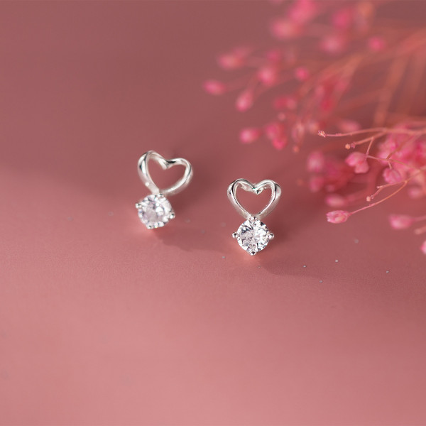 A42135 s925 sterling silver rhinestone hollowed heart stud trendy design earrings