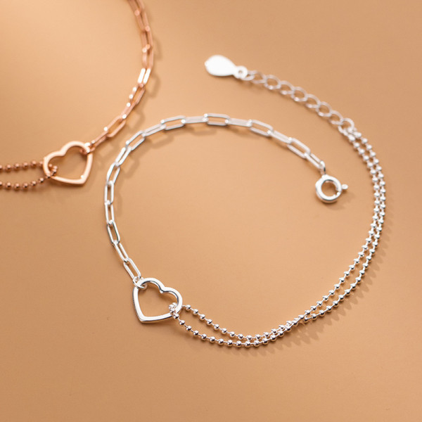 A40464 s925 silver charm simple sweet heart hollowed bead bracelet