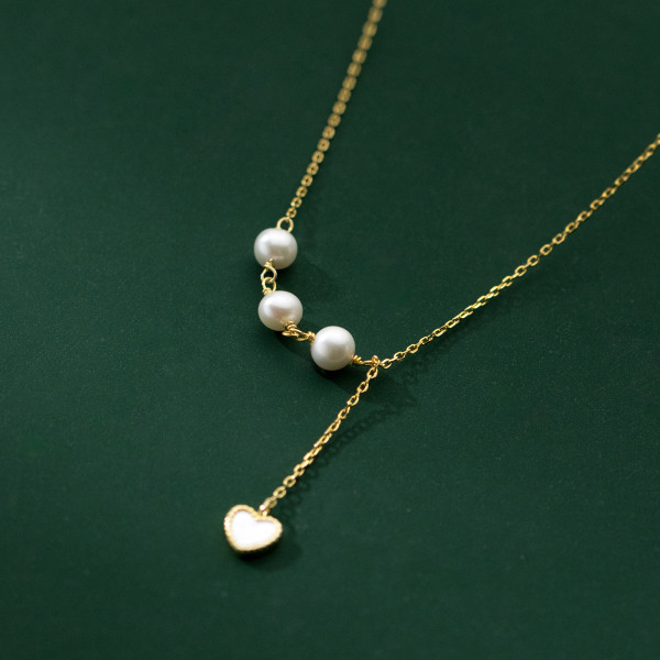 A38757 s925 sterling silver dainty pearl heart goldplated gold necklace