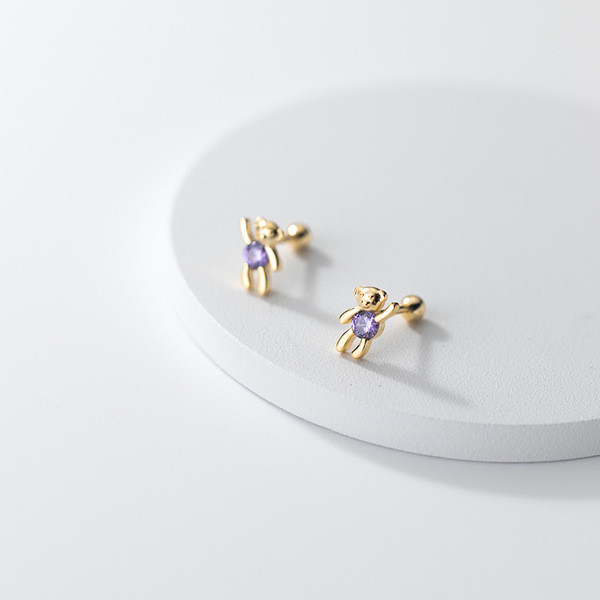 A33891 s925 sterling silver simple fashion purple rhinestone bear earrings