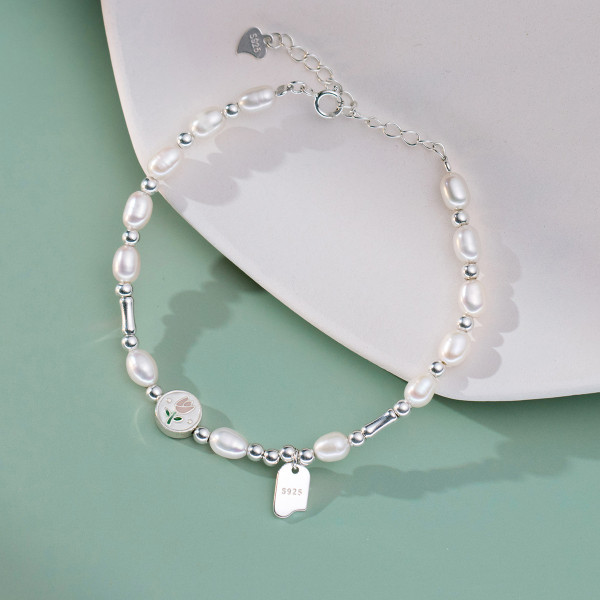 A40239 s925 sterling silver gold pearl charm vintage trendy elegant bracelet