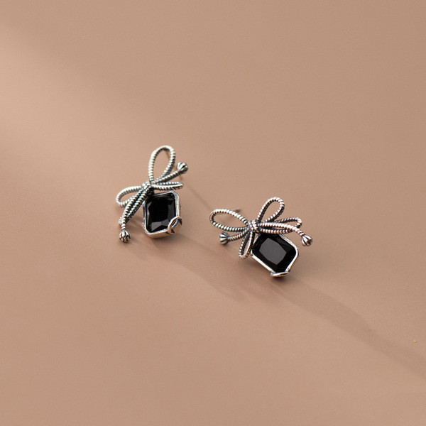 A33796 s925 sterling silver simple thai silver bow sweet chic earrings