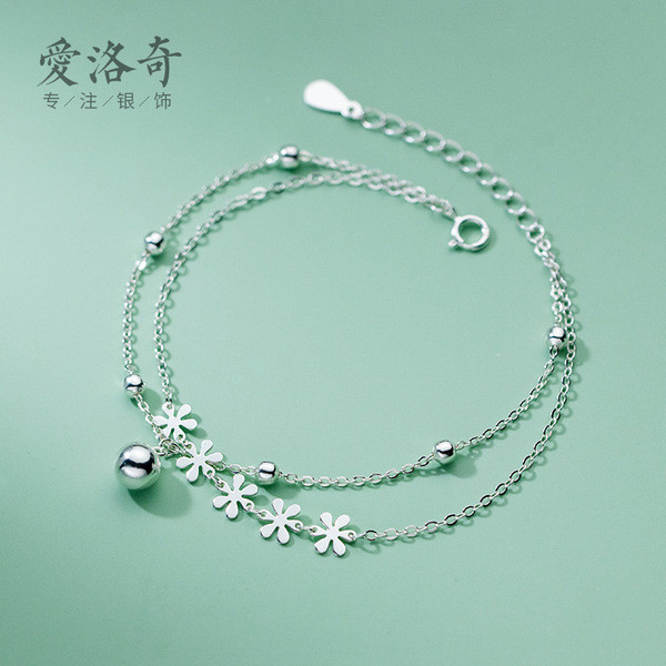 A30235 s925 sterling silver trendy doublelayer floral bead geometric bracelet