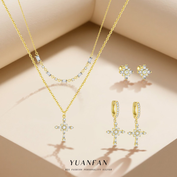 A46337 s925 sterling silver extra cubic zirconia cross set stud earrings necklace