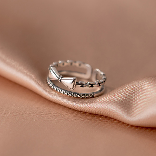 A36547 s925 sterling silver vintage bow doublelayer chain geometric print thai silver rin ring