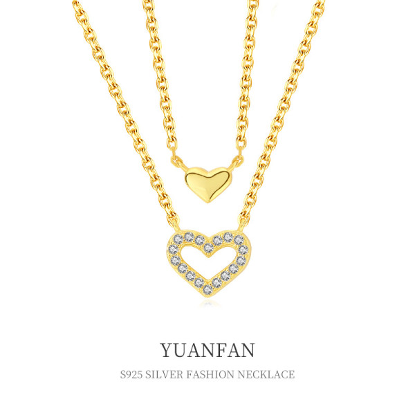A38636 sterling silver double doublelayer layered heart cubic zirconia necklace