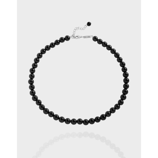 A41154 ball black agate sterling silver s925 necklace