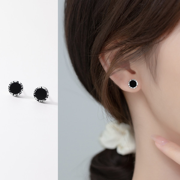A35650 s925 sterling silver circle black agate earrings