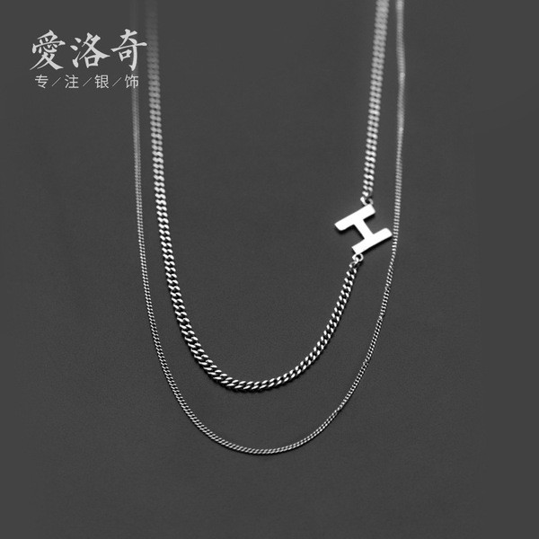 A31238 s925 sterling silver thai silver initialH doublelayer unique chic necklace