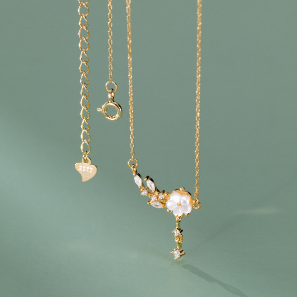 A41883 s925 sterling silver elegant sweet rhinestone shell fringe necklace