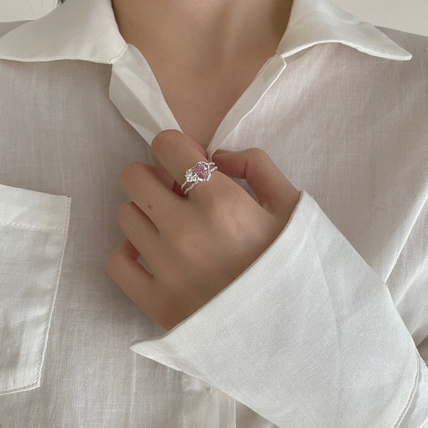 A34455 design heart pink rhinestone sterling silver adjustable ring