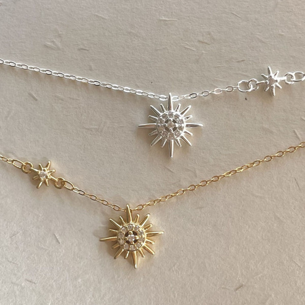 A44337 sterling silver cubic zirconia stars simple necklace