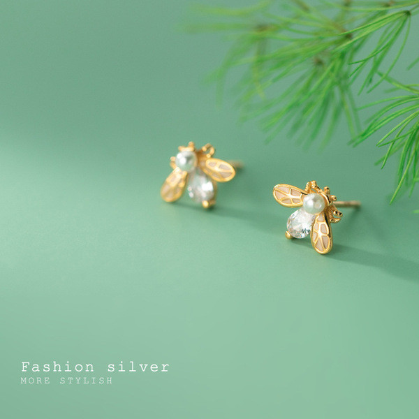 A31608 s925 sterling silver chic rhinestone bee earrings