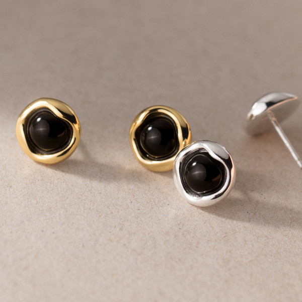 A37959 s925 sterling silver black agate circle stud design elegant earrings