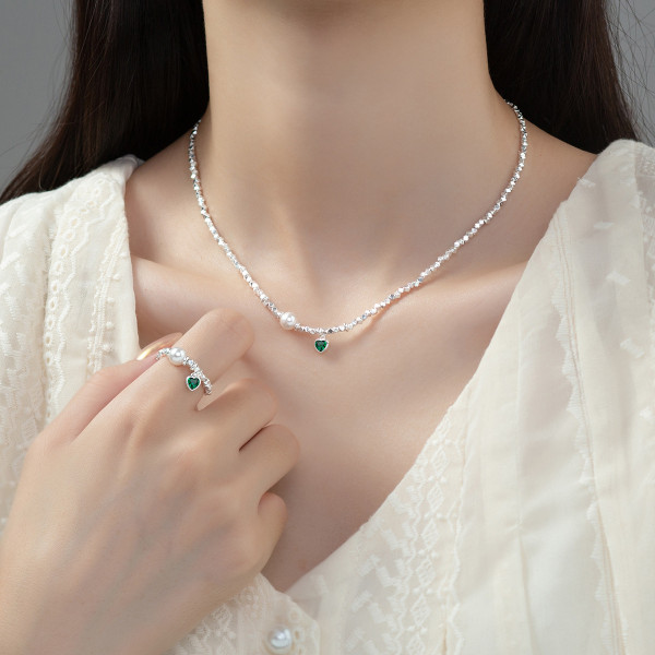 A38541 s925 sterling silver pearl green rhinestone heart charm elegant necklace bracelet ring
