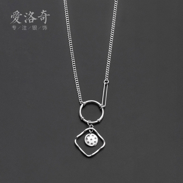 A31232 s925 sterling silver thai silver chic circle rhombic moon stars necklace