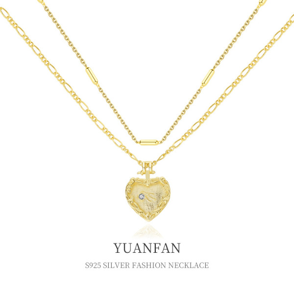 A37545 sterling silver double doublelayer heart vintage cubic zirconia necklace