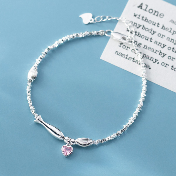 A46352 s925 silver dainty grade pink rhinestone heart cateye charm bracelet
