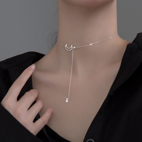 A32398 s925 sterling silver trendy hollowed moon necklace