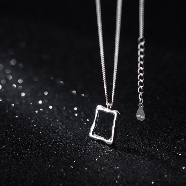 A32446 s925 sterling silver irregular square geometric hollowed unique necklace