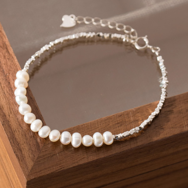 A39454 s925 sterling silver pearl charm vintage elegant grade bracelet