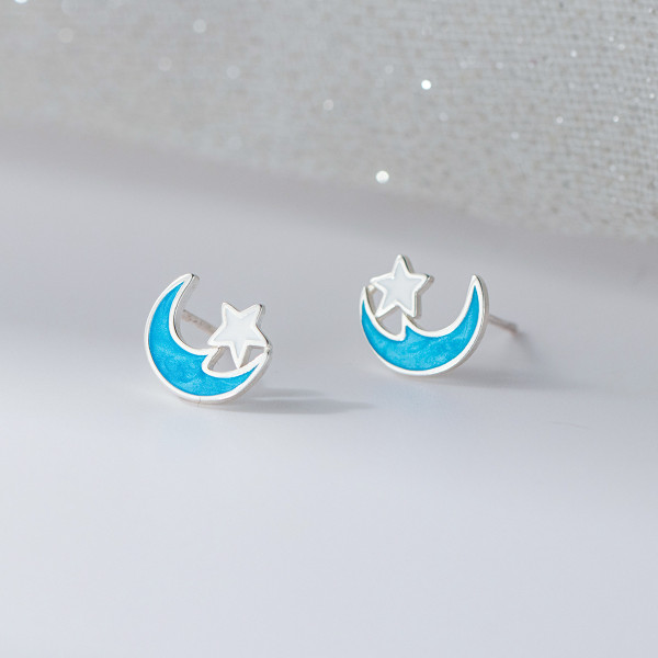A46203 s925 sterling silver sweet blue stars moon stud earrings