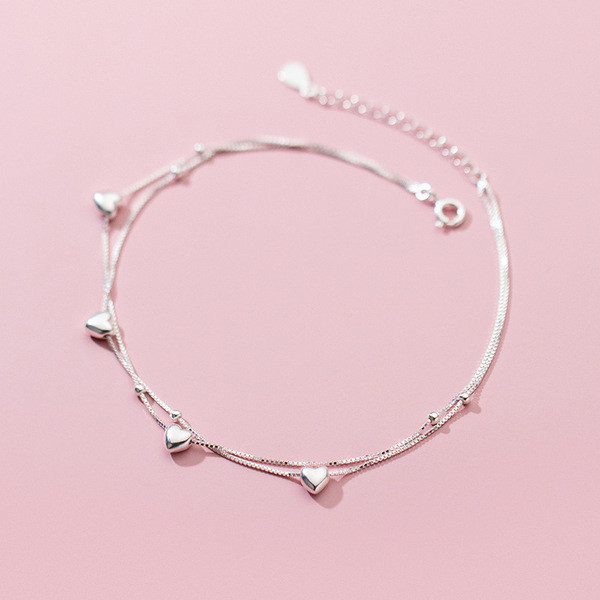 A34275 s925 sterling silver heart anklet simple chic trendy doublelayer heartshape sweet bracelet