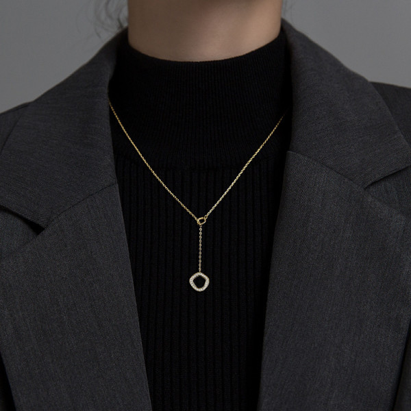 A45419 s925 silver circle geometric simple sparkling rhinestone necklace