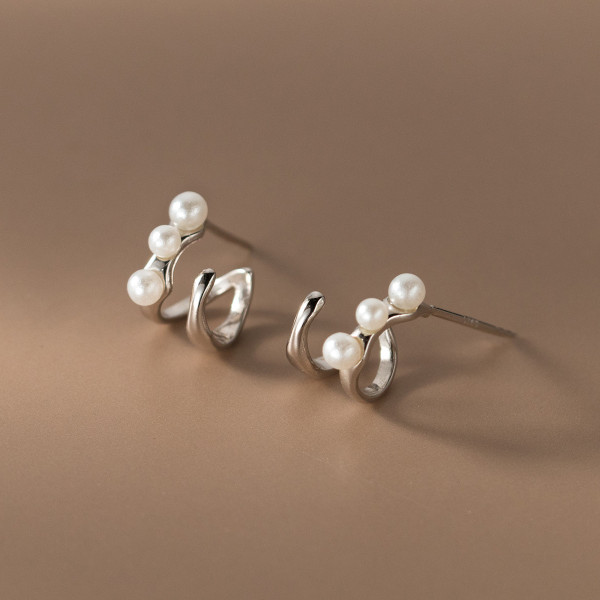 A40853 s925 sterling silver design big artificial pearl bar stud double layer earrings