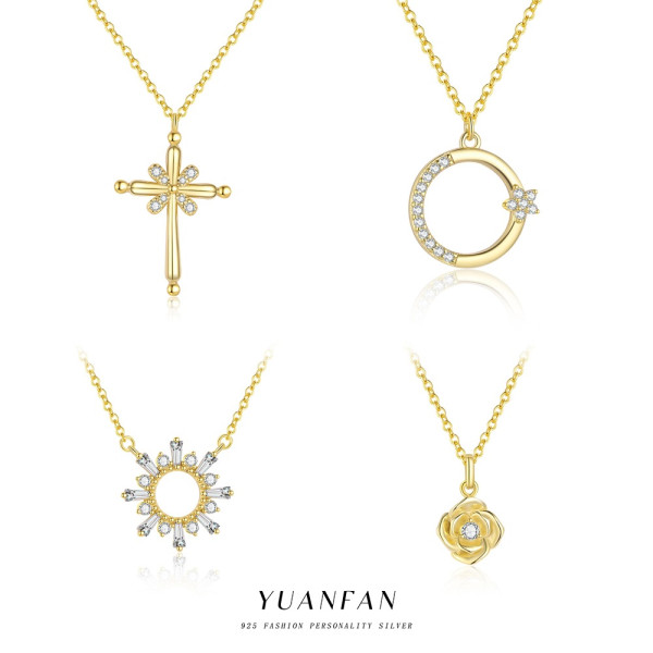 A45509 s925 sterling silver sun cubic zirconia pendant cross trendy necklace