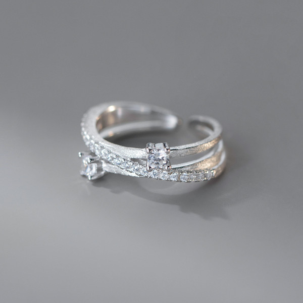 A45985 s925 sterling silver trendy sweet rhinestone layered bar ring