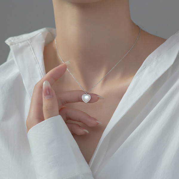 A39042 s925 silver heart shell elegant rhinestone heartshape simple necklace