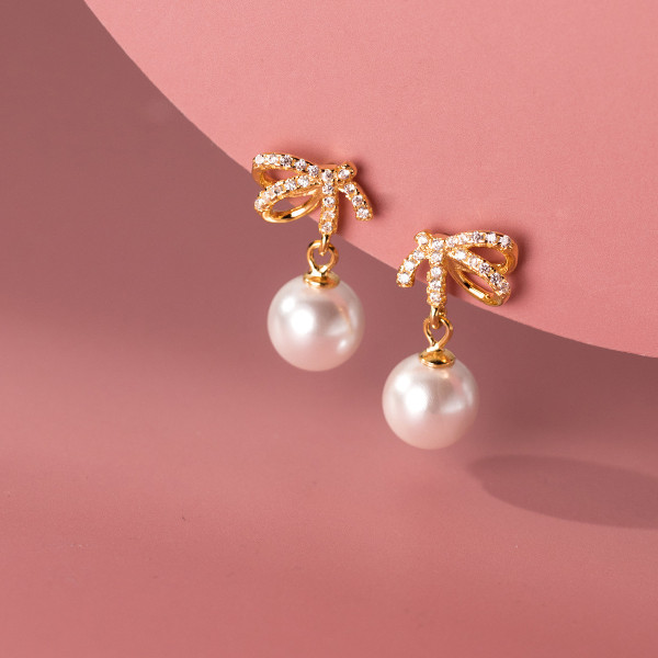 A38482 s925 sterling silver artificial pearl butterfly rhinestone stud elegant earrings