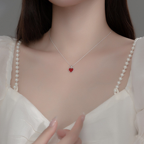 A34562 s925 sterling silver chic red heart sweet necklace