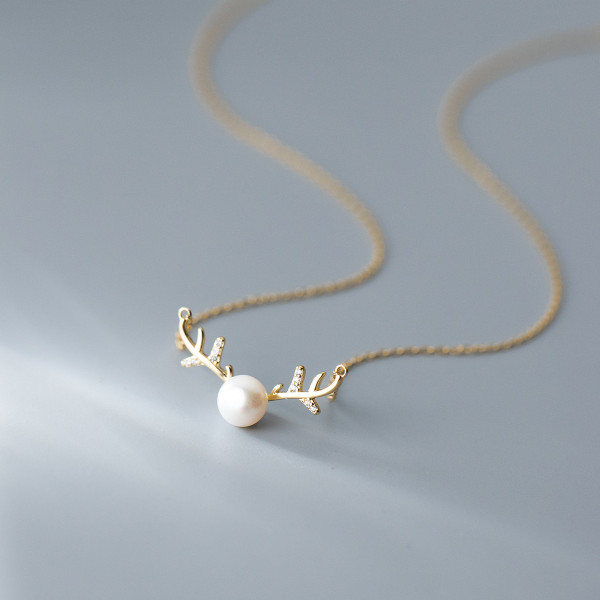 A44827 s925 silver christmas deer pearl simple sweet pendant rhinestone necklace