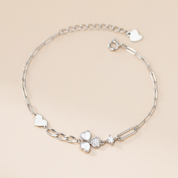 A45741 s925 silver trendy sweet dainty rhinestone white flower heart charm bracelet