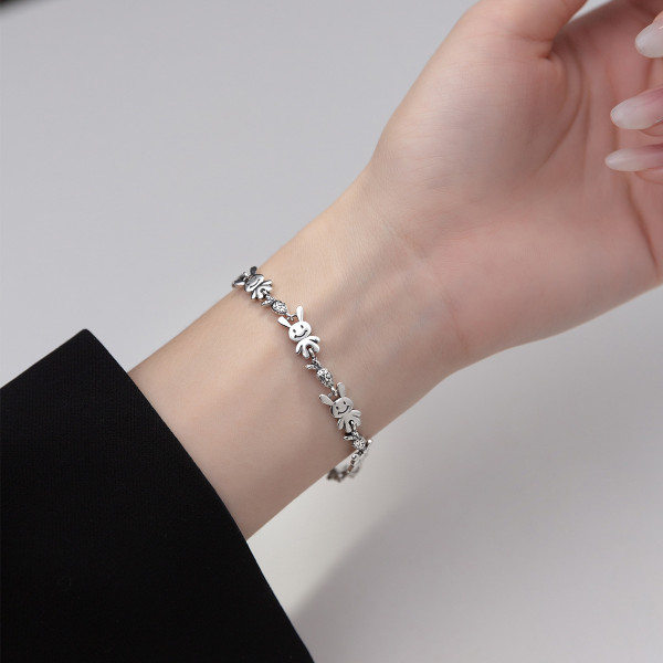 A37455 s925 sterling silver thai rabbit charm vintage bracelet