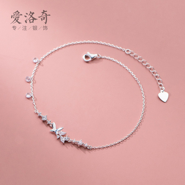 A33362 s925 sterling silver simple butterfly rhinestone anklet trendy sweet bracelet