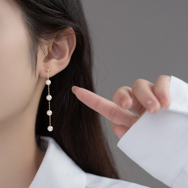 A45455 s925 sterling silver artificial pearl fringe elegant long earrings