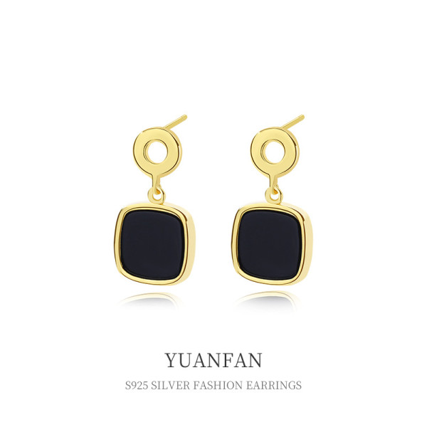 A38604 sterling silver black agate stud vintage elegant geometric dangle earrings