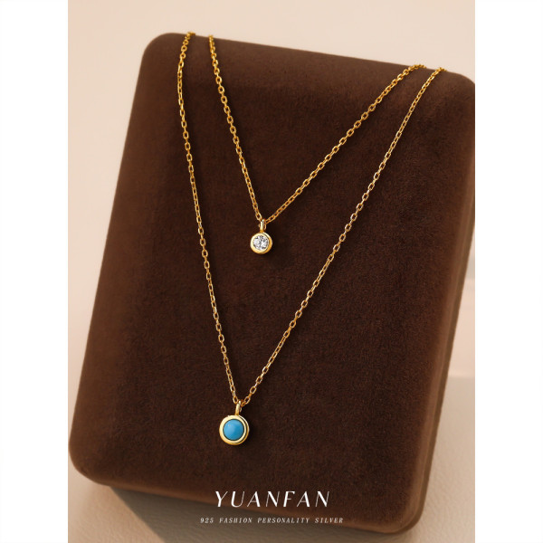 A43610 s925 sterling silver cubic zirconia green turquoise pendant choker necklace