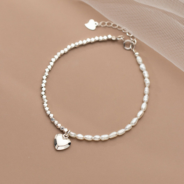 A34233 s925 sterling silver heart pearl charm bracelet