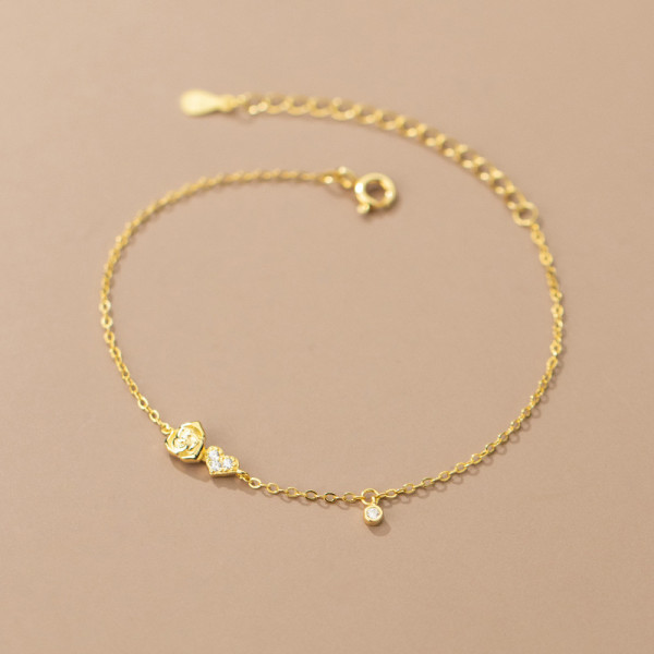 A34995 s925 sterling silver goldplated rose sparkling heart charm bracelet