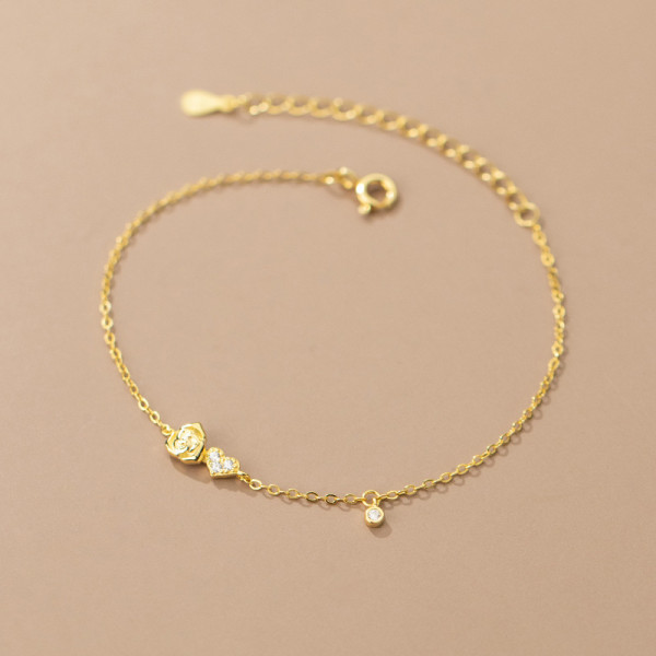 A34995 s925 sterling silver goldplated rose sparkling heart charm bracelet