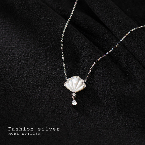 A31205 s925 sterling silver chic rhinestone shell fanshape fashion sweet necklace