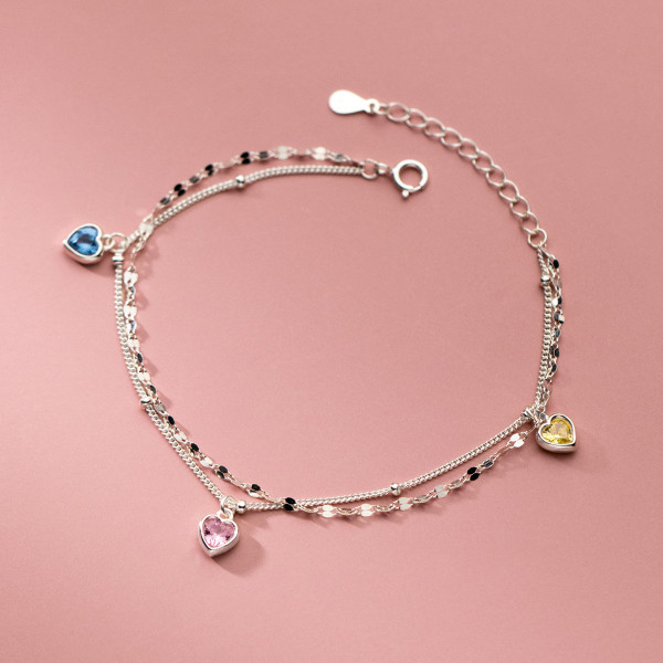 A37172 s925 sterling silver heart rhinestone doublelayer charm bracelet