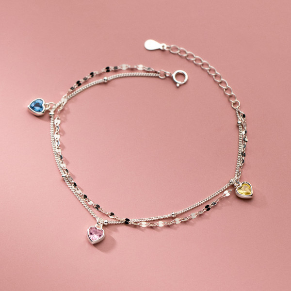 A37172 s925 sterling silver heart rhinestone doublelayer charm bracelet