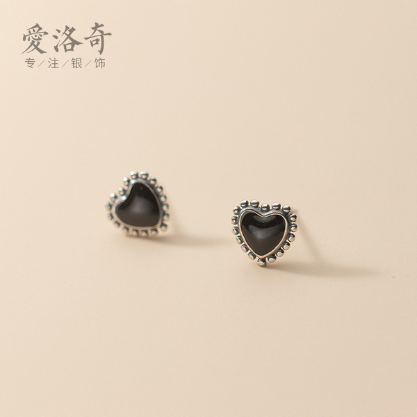 A32293 s925 sterling silver sweet heart black agate earrings
